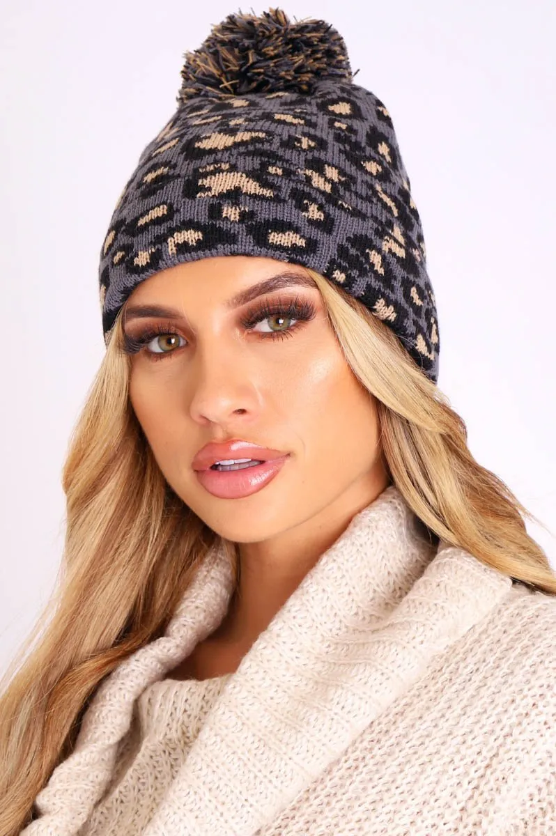 Grey Leopard Knit Pom Pom Hat - Kela