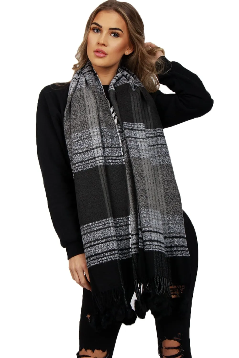 Grey Tassel Trim Black Rabbit Fur Pom Pom Check Tartan Scarf