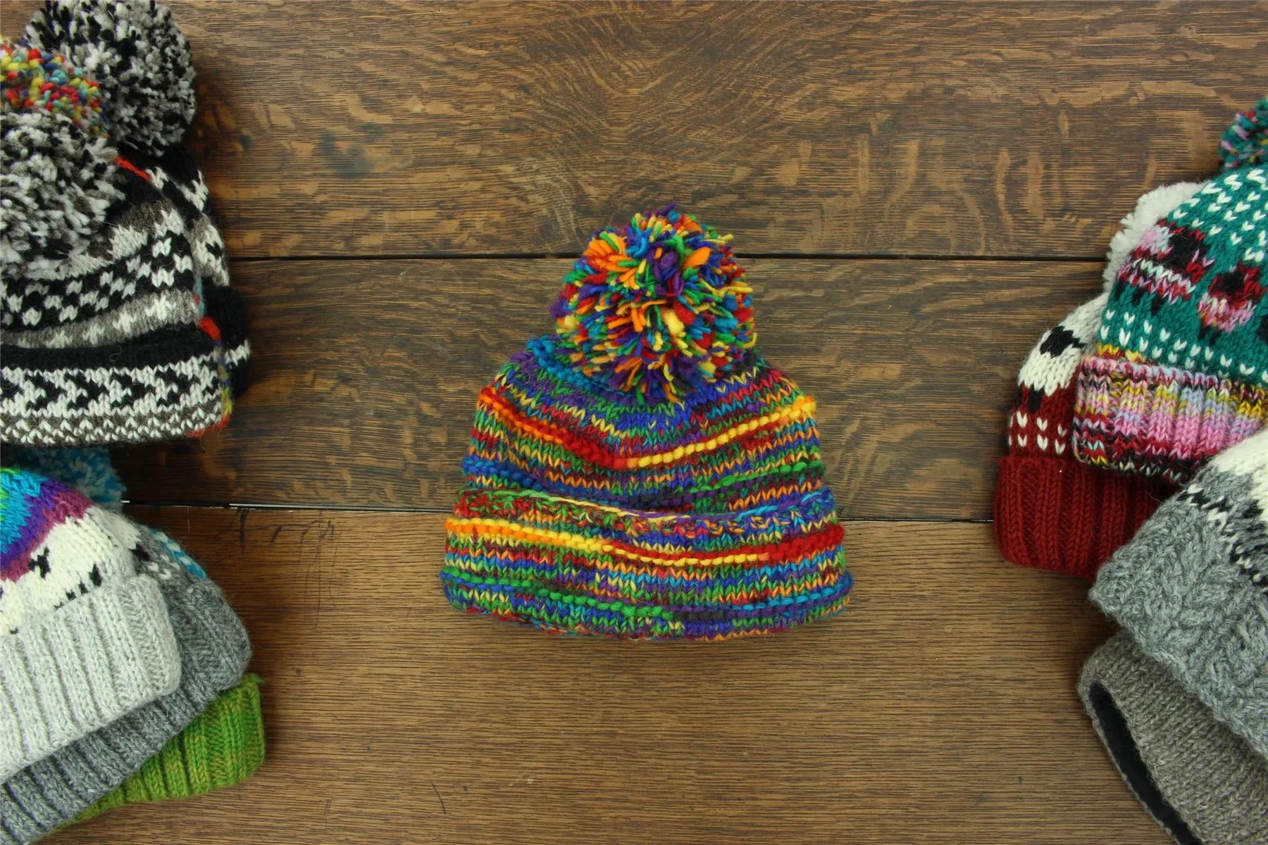 Hand Knitted Wool Beanie Bobble Hat - SD Black Rainbow