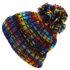 Hand Knitted Wool Beanie Bobble Hat - SD Black Rainbow