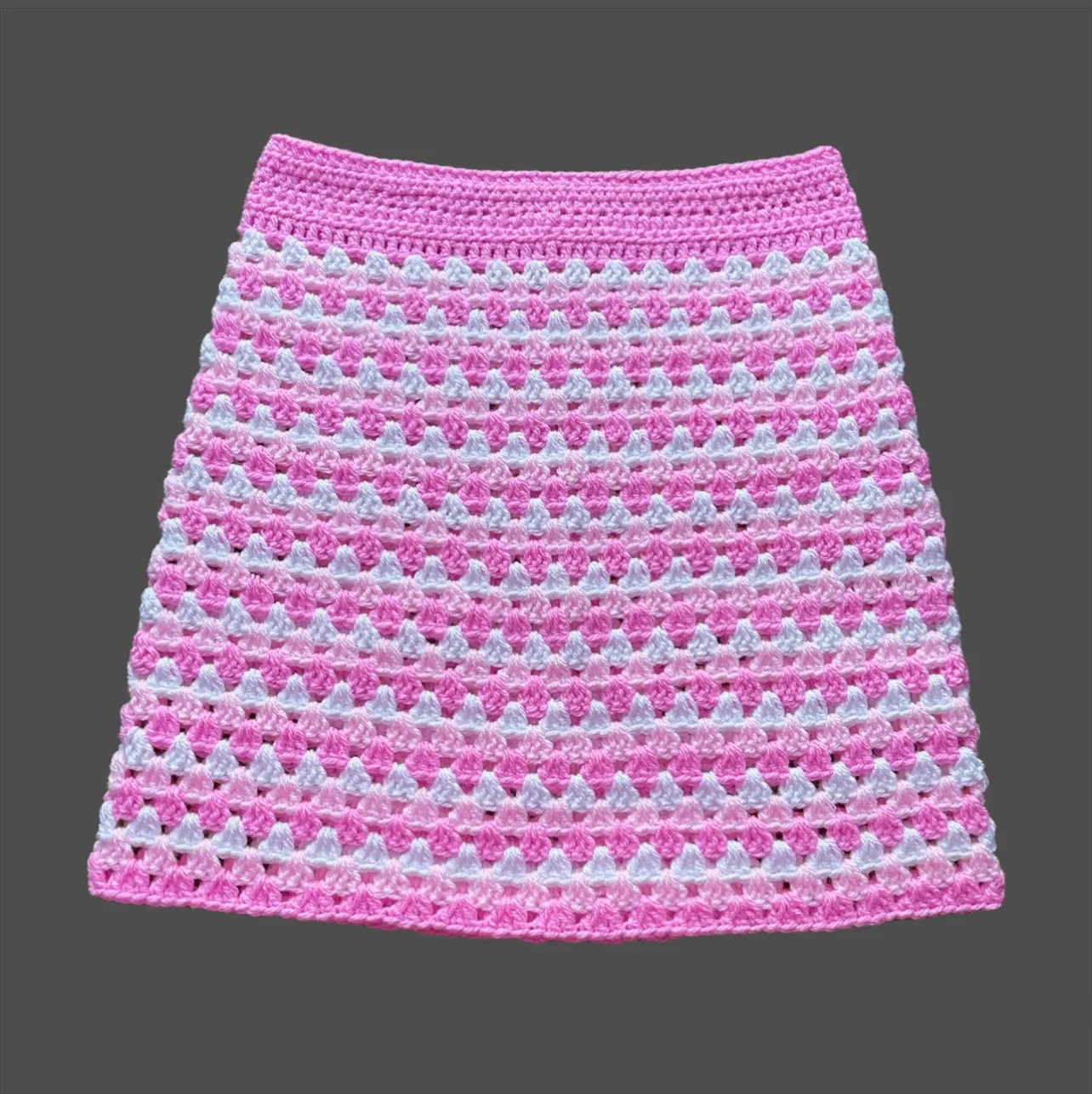 Handmade retro crochet mini skirt in pink and white