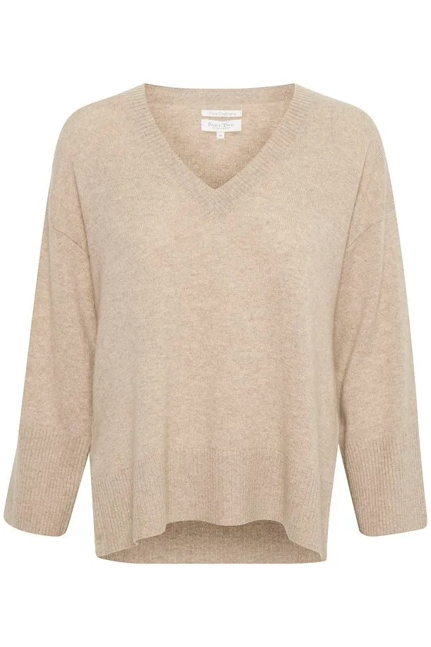 Hellin Light Camel Melange V Neck Cashmere Sweater