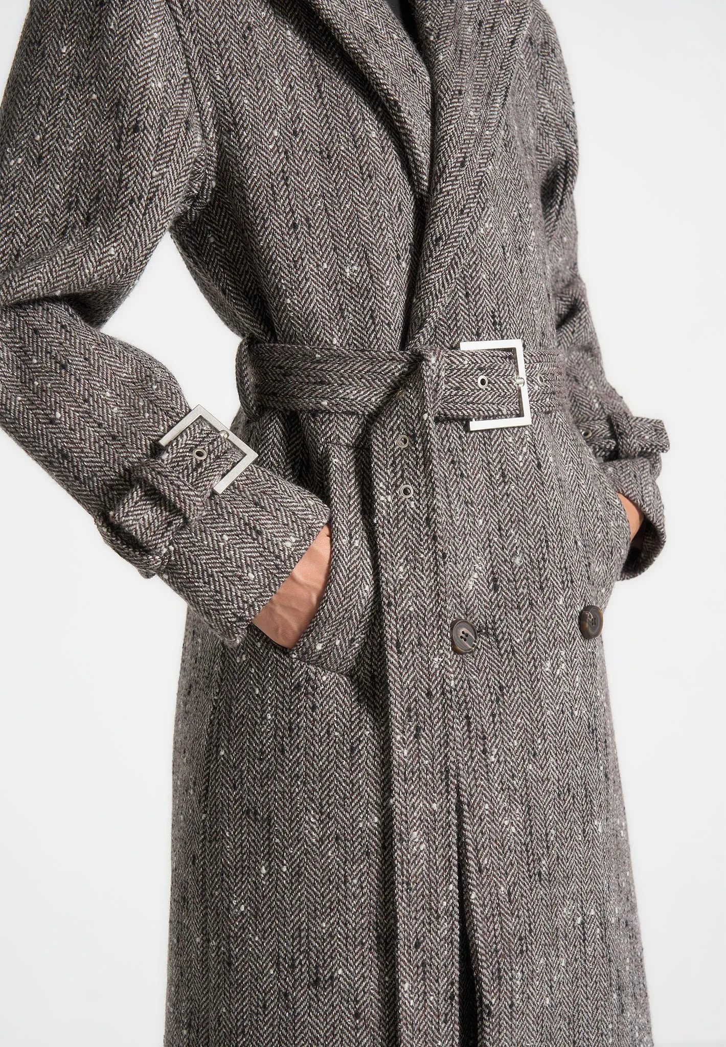 Herringbone Wool Trench Coat with Scarf - Brown