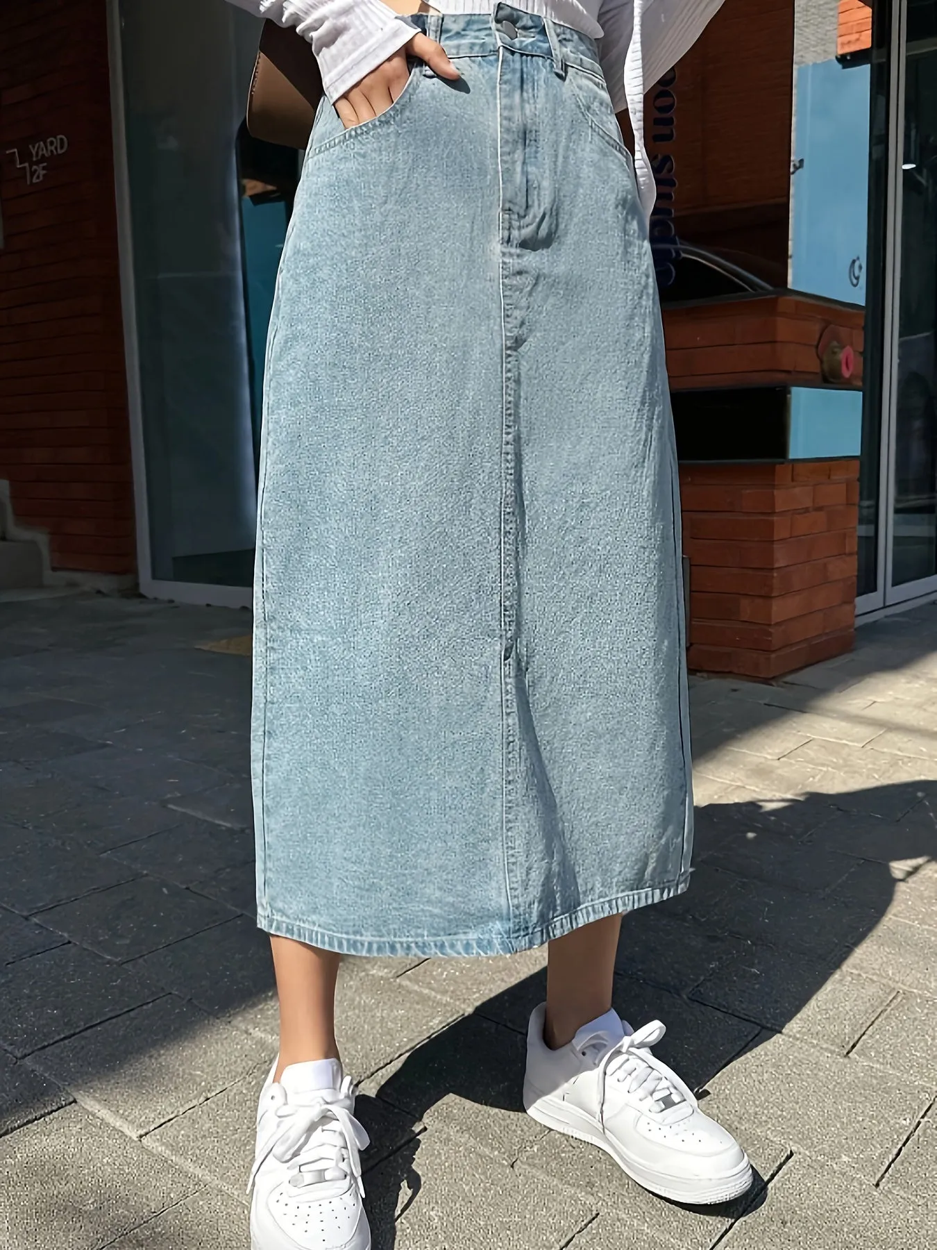 High Rise Split Hem A-Line Denim Skirt, Versatile Washed Blue Women's Jeans & Clothing, Plain Back Design