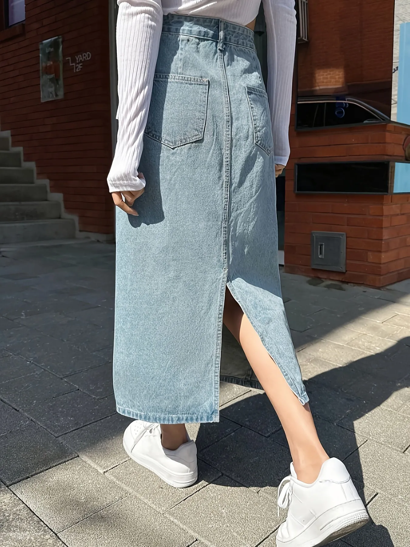 High Rise Split Hem A-Line Denim Skirt, Versatile Washed Blue Women's Jeans & Clothing, Plain Back Design