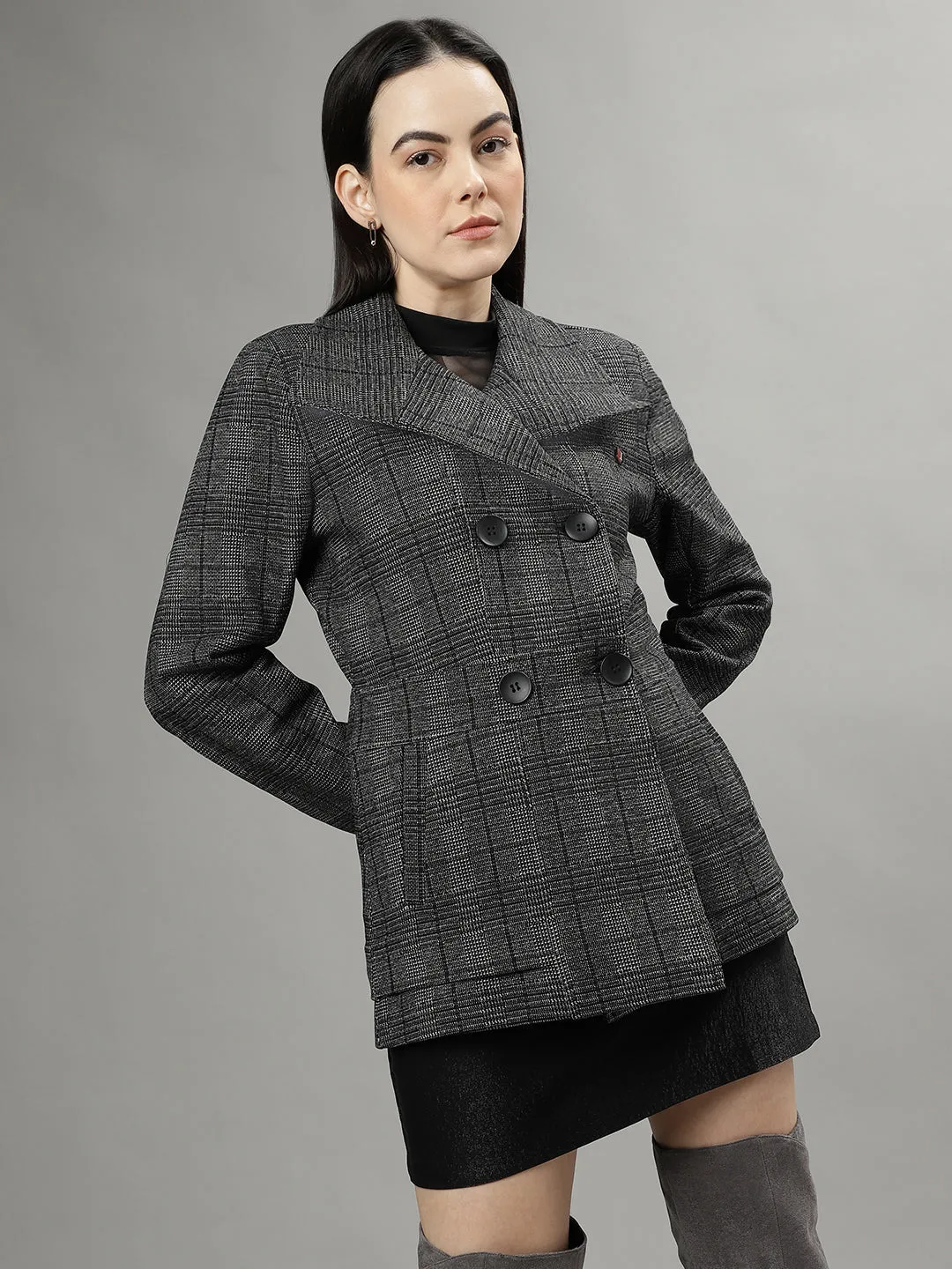 Iconic Women Black Checked Spread Collar Long Sleeves Overcoat