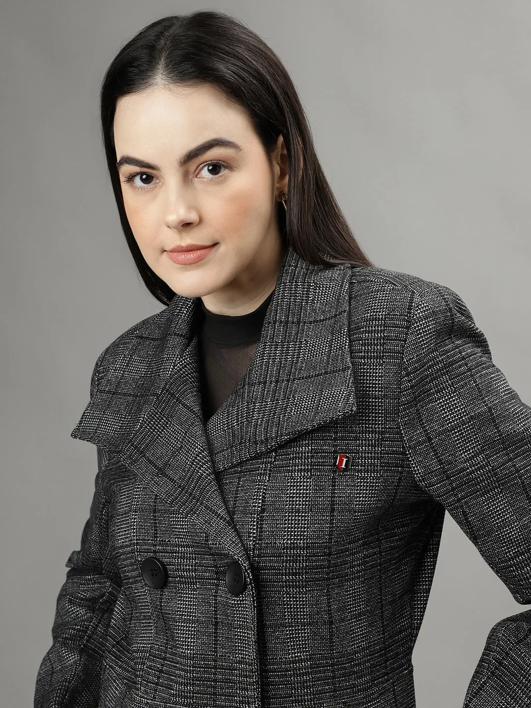 Iconic Women Black Checked Spread Collar Long Sleeves Overcoat