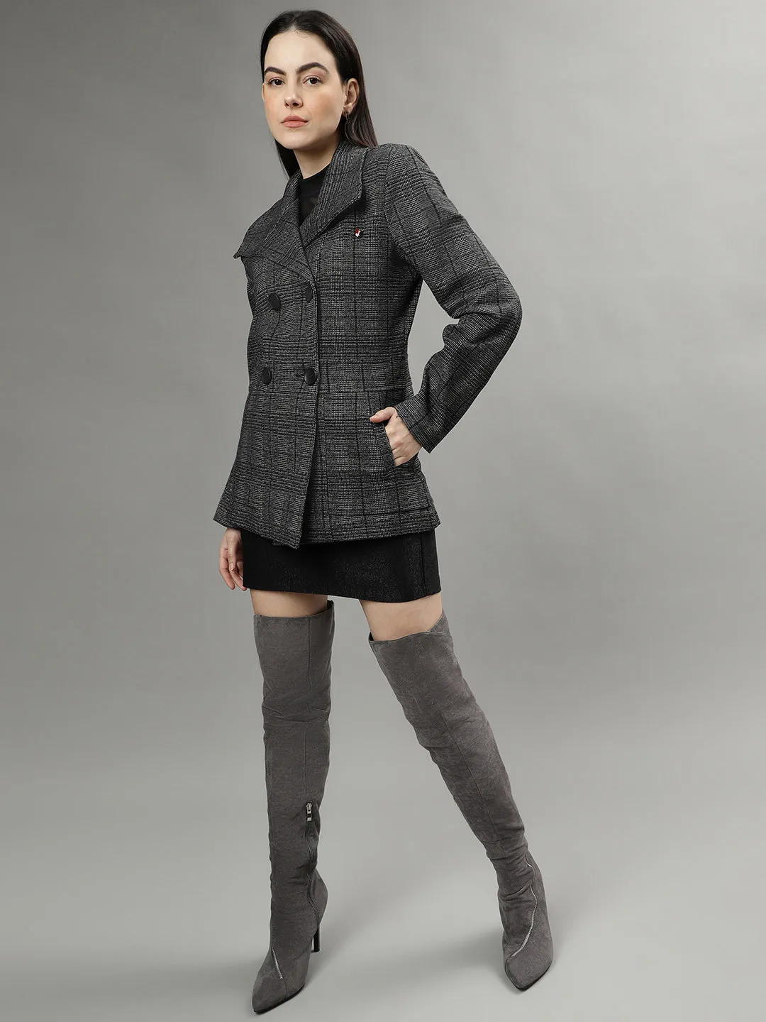 Iconic Women Black Checked Spread Collar Long Sleeves Overcoat