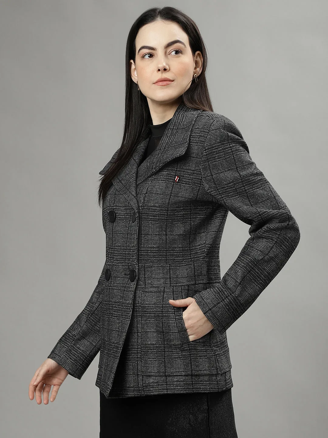 Iconic Women Black Checked Spread Collar Long Sleeves Overcoat