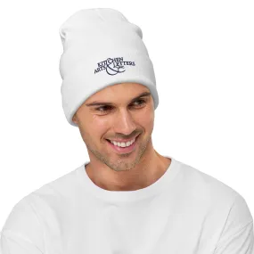 KAL Knit Cap in White with Navy Embroidery