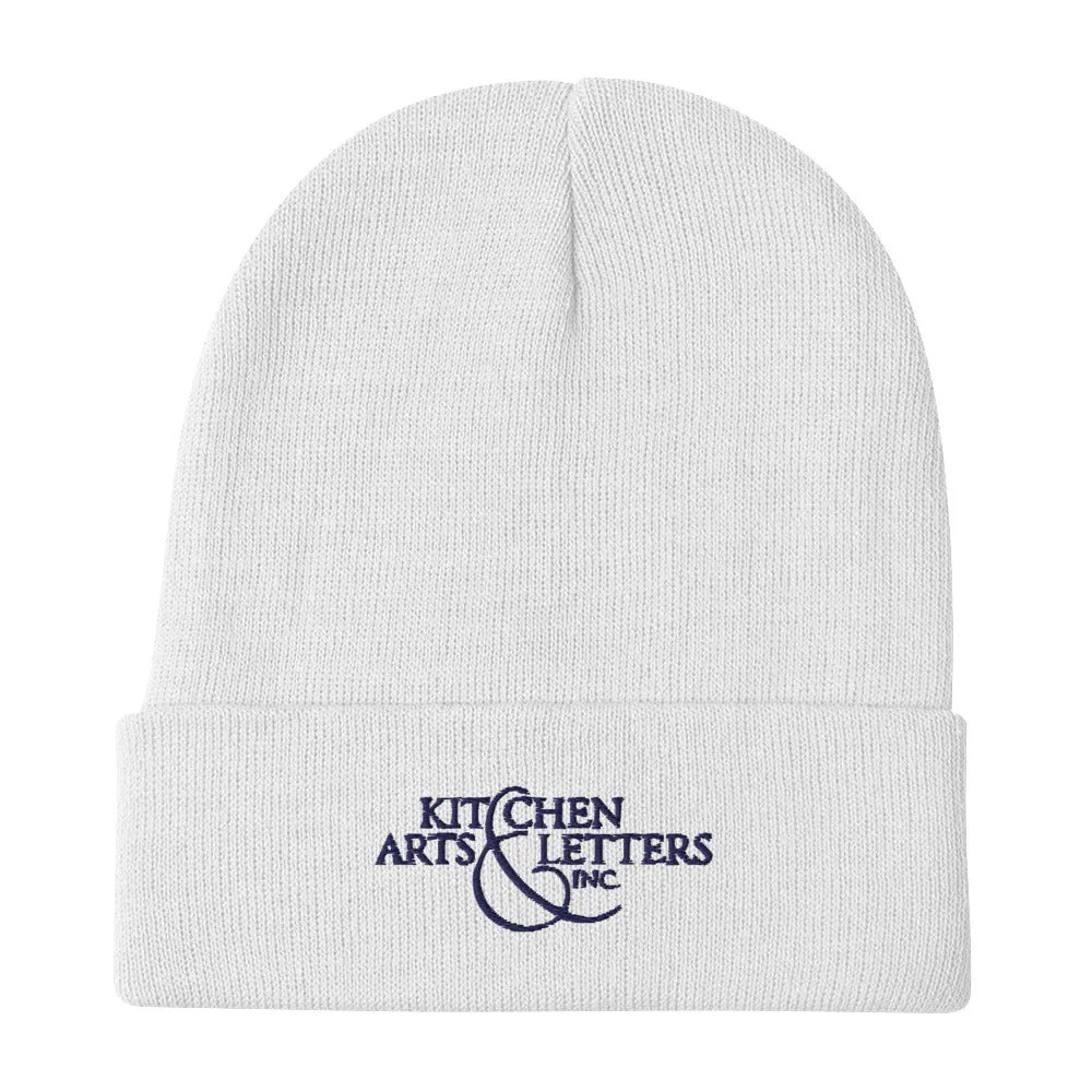 KAL Knit Cap in White with Navy Embroidery