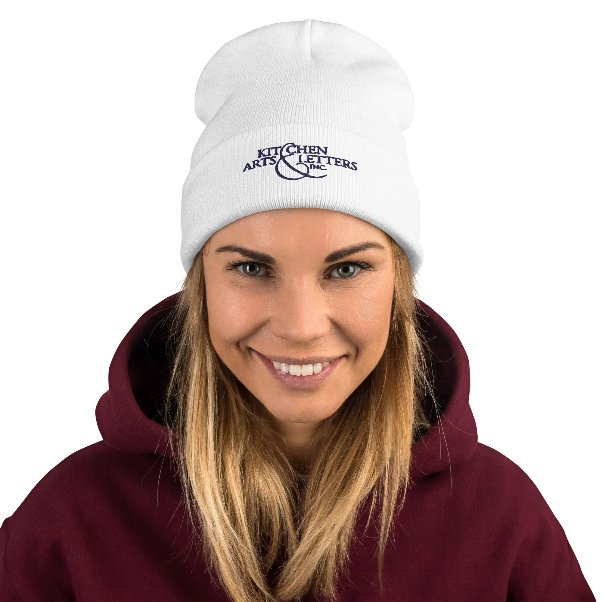 KAL Knit Cap in White with Navy Embroidery