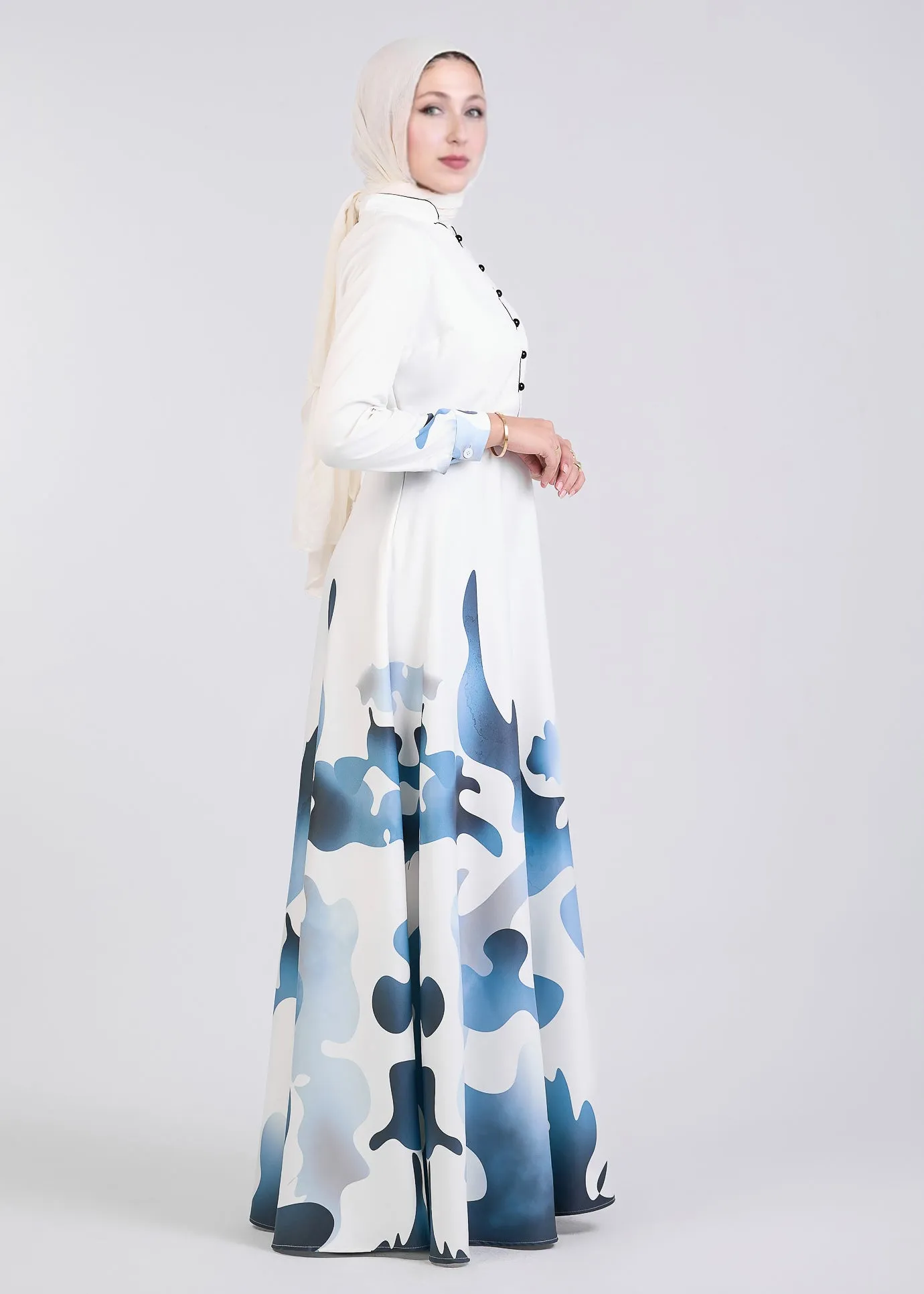 Kamilah Azure Wave Abstract Pattern Crepe Maxi Dress