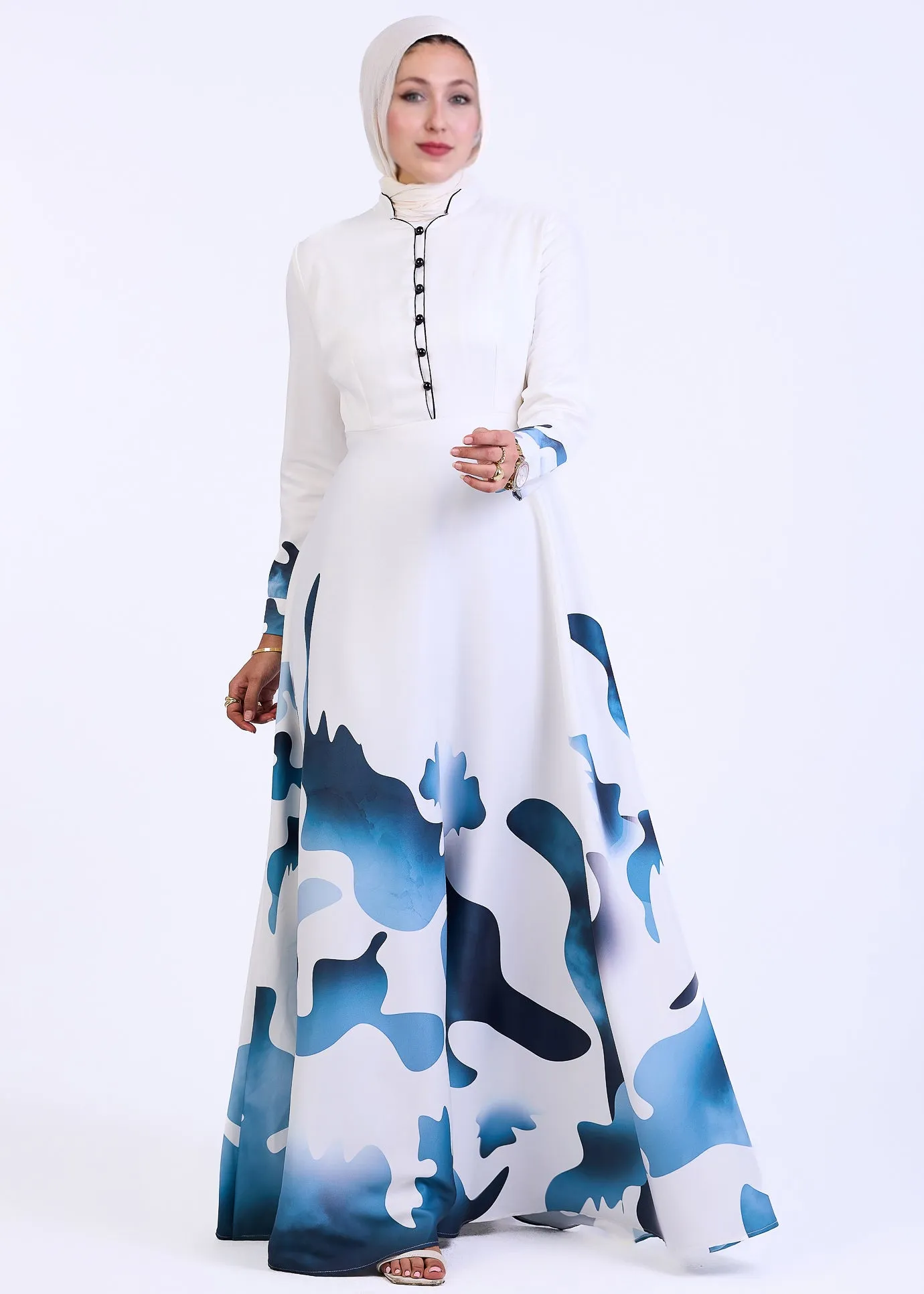 Kamilah Azure Wave Abstract Pattern Crepe Maxi Dress