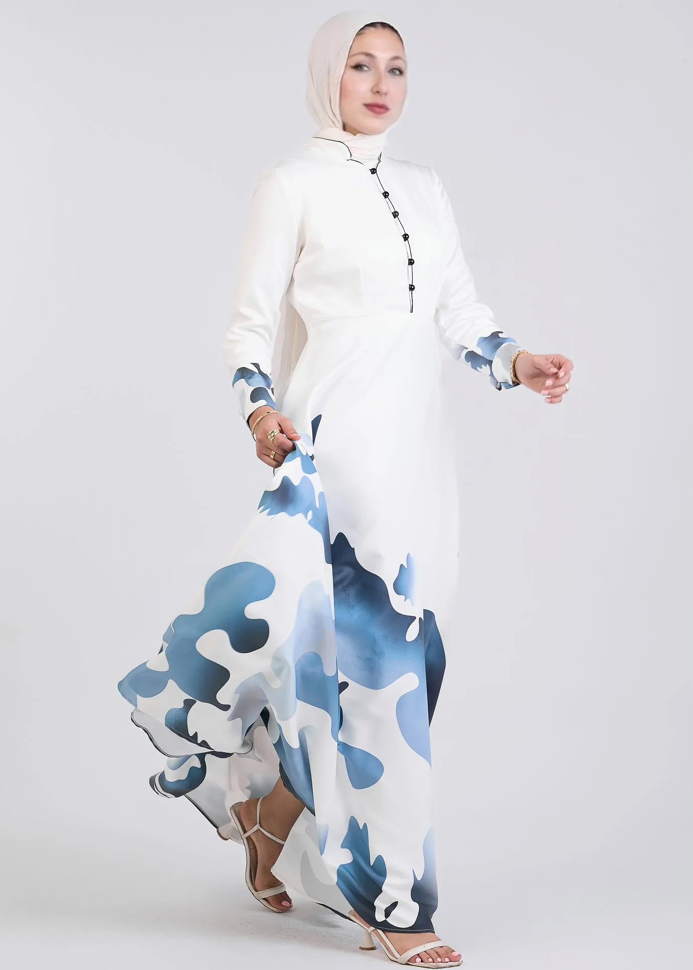 Kamilah Azure Wave Abstract Pattern Crepe Maxi Dress