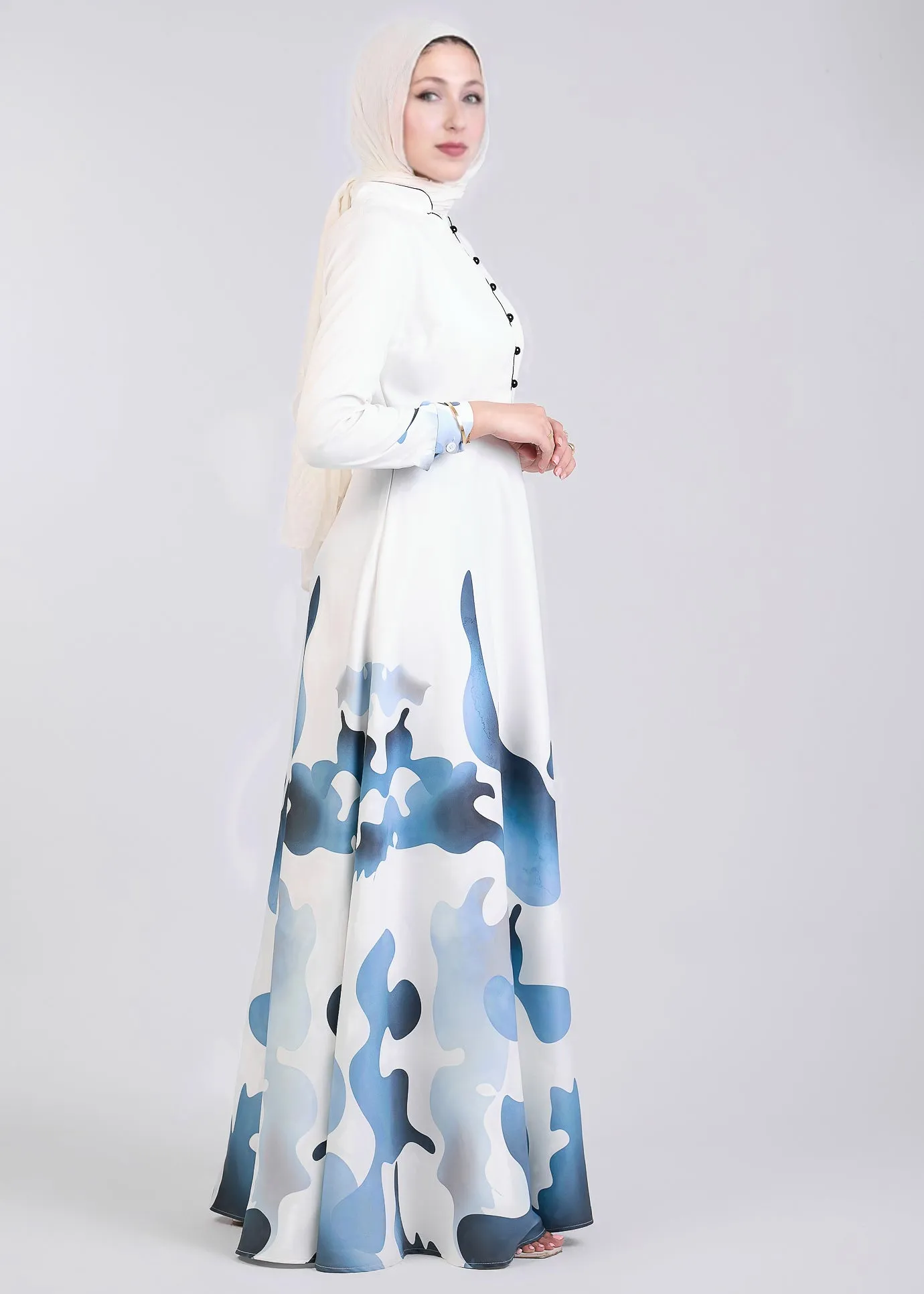 Kamilah Azure Wave Abstract Pattern Crepe Maxi Dress