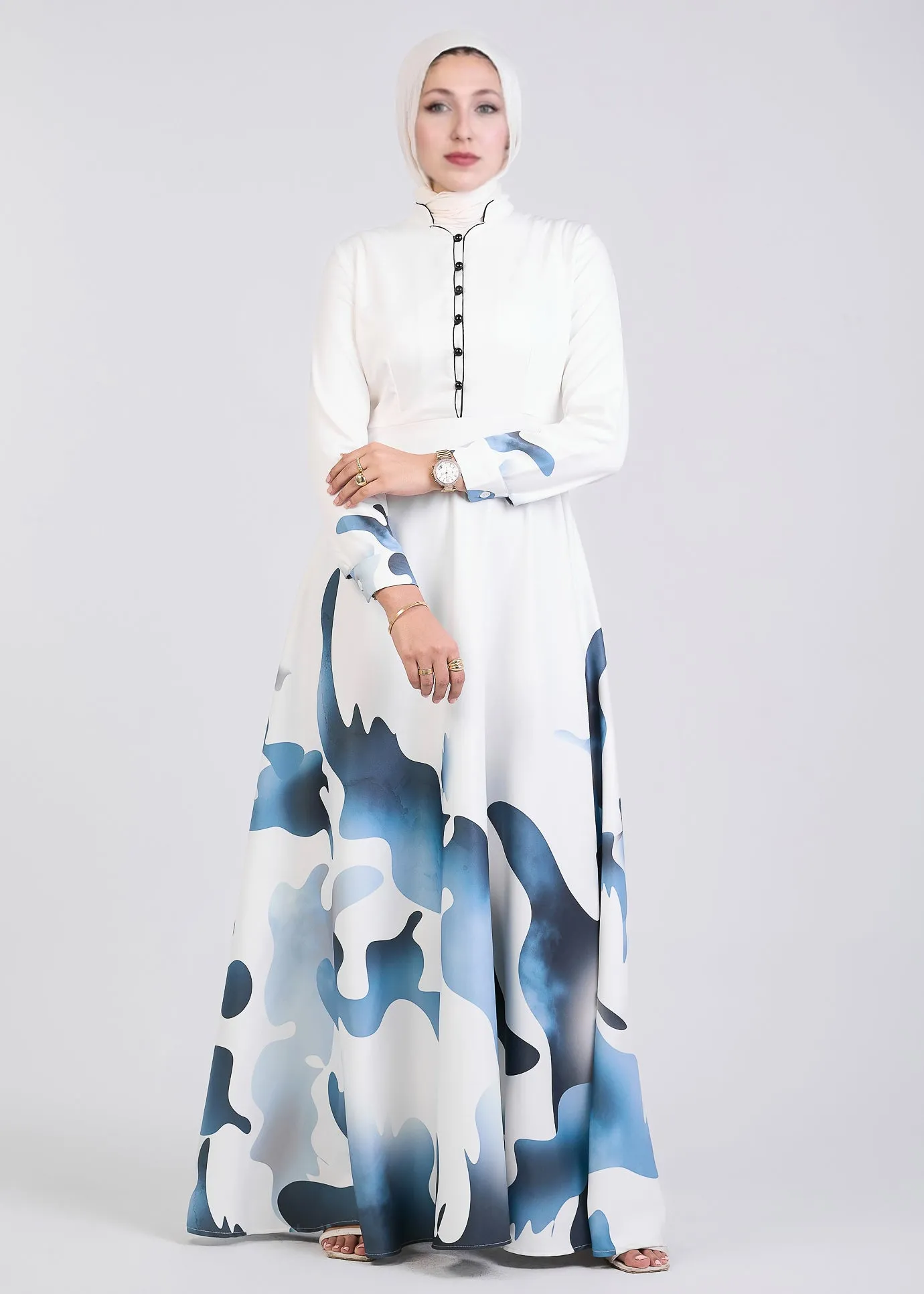 Kamilah Azure Wave Abstract Pattern Crepe Maxi Dress