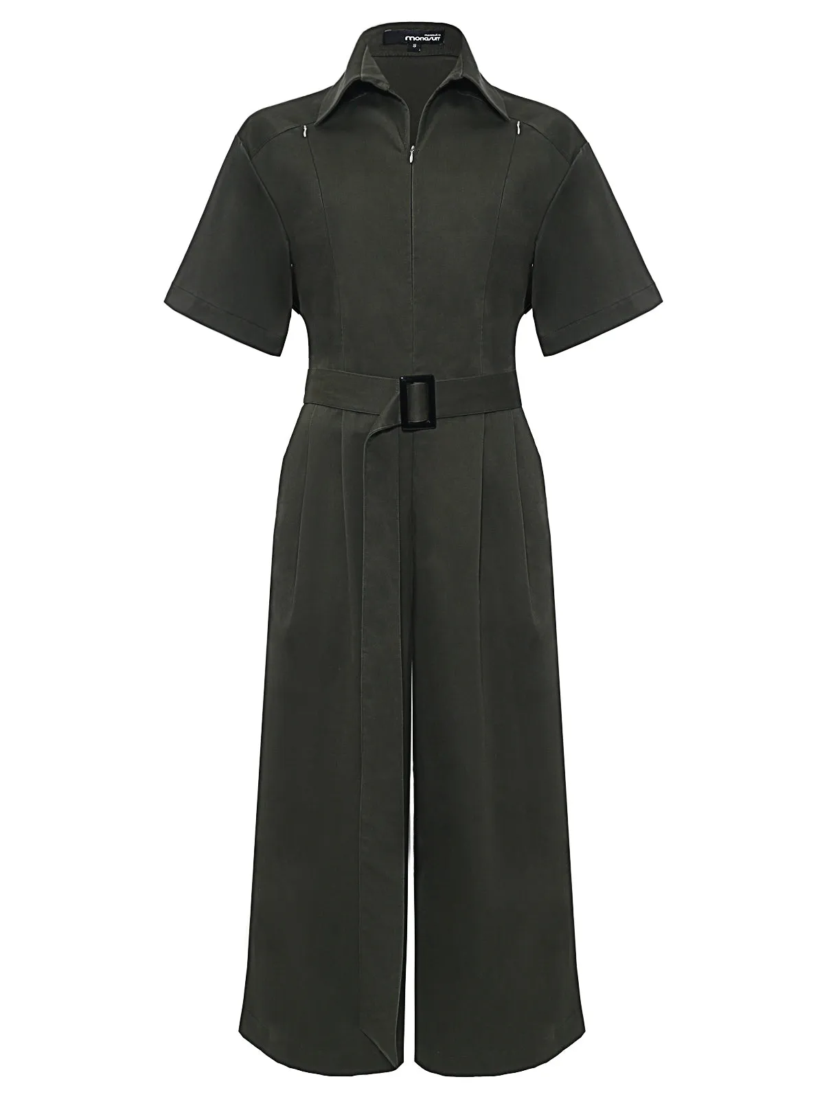 Khaki Short Sleeve Collared Belted Wide-Leg Casual Jumpsuit LOVEME