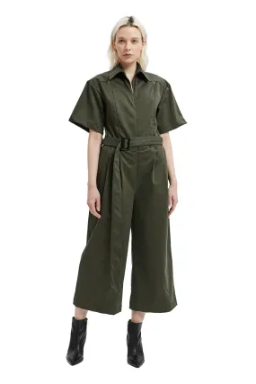 Khaki Short Sleeve Collared Belted Wide-Leg Casual Jumpsuit LOVEME