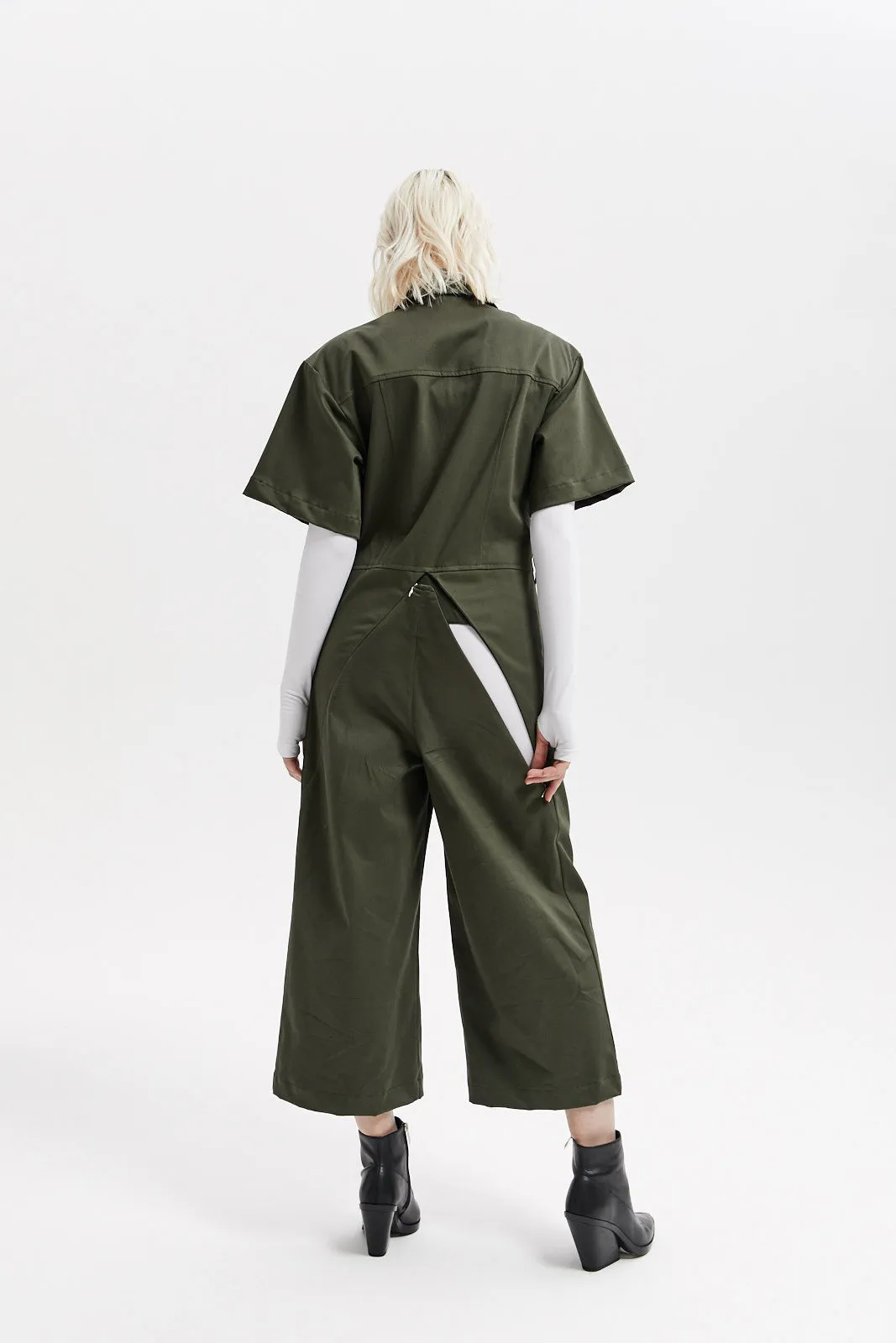 Khaki Short Sleeve Collared Belted Wide-Leg Casual Jumpsuit LOVEME