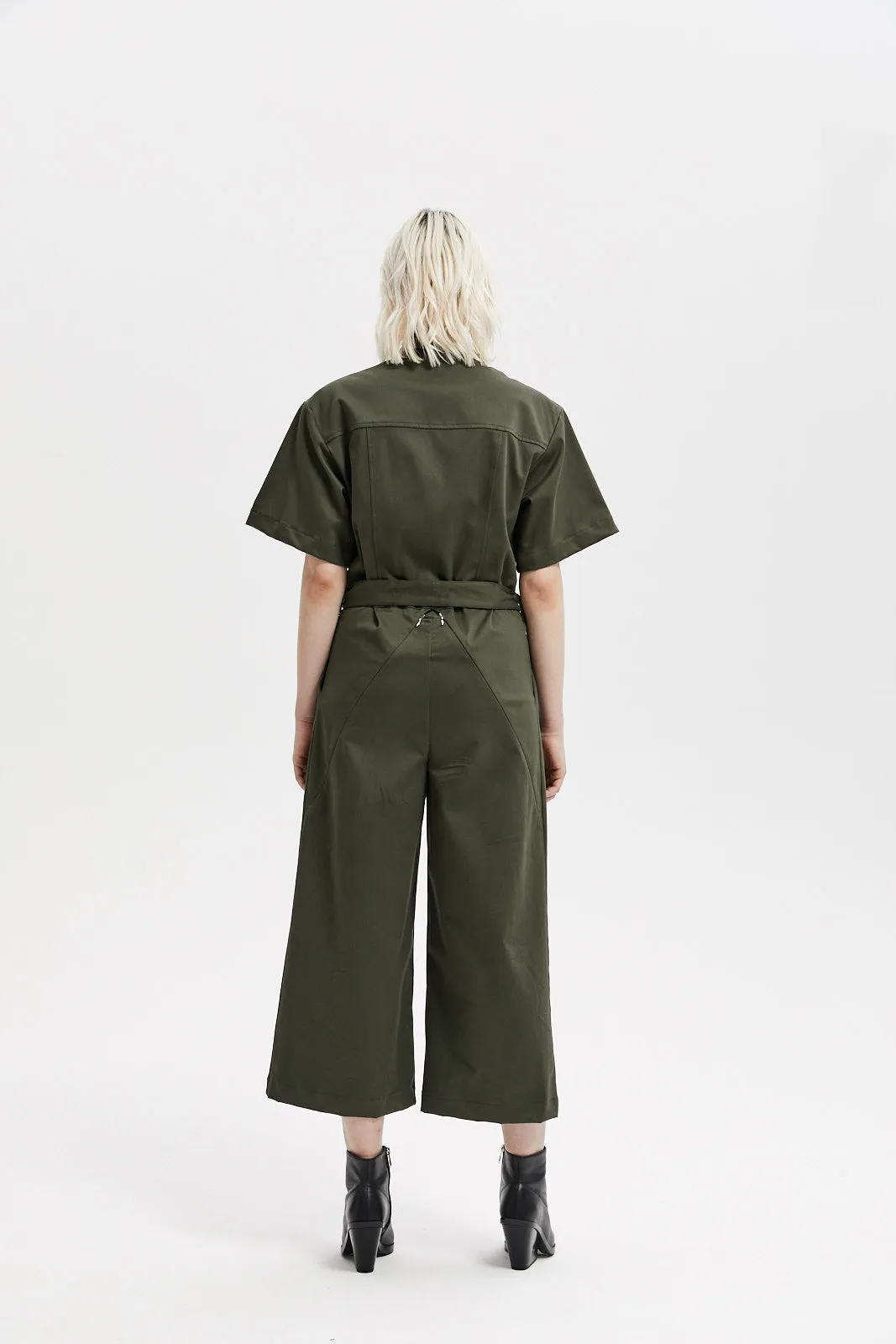 Khaki Short Sleeve Collared Belted Wide-Leg Casual Jumpsuit LOVEME