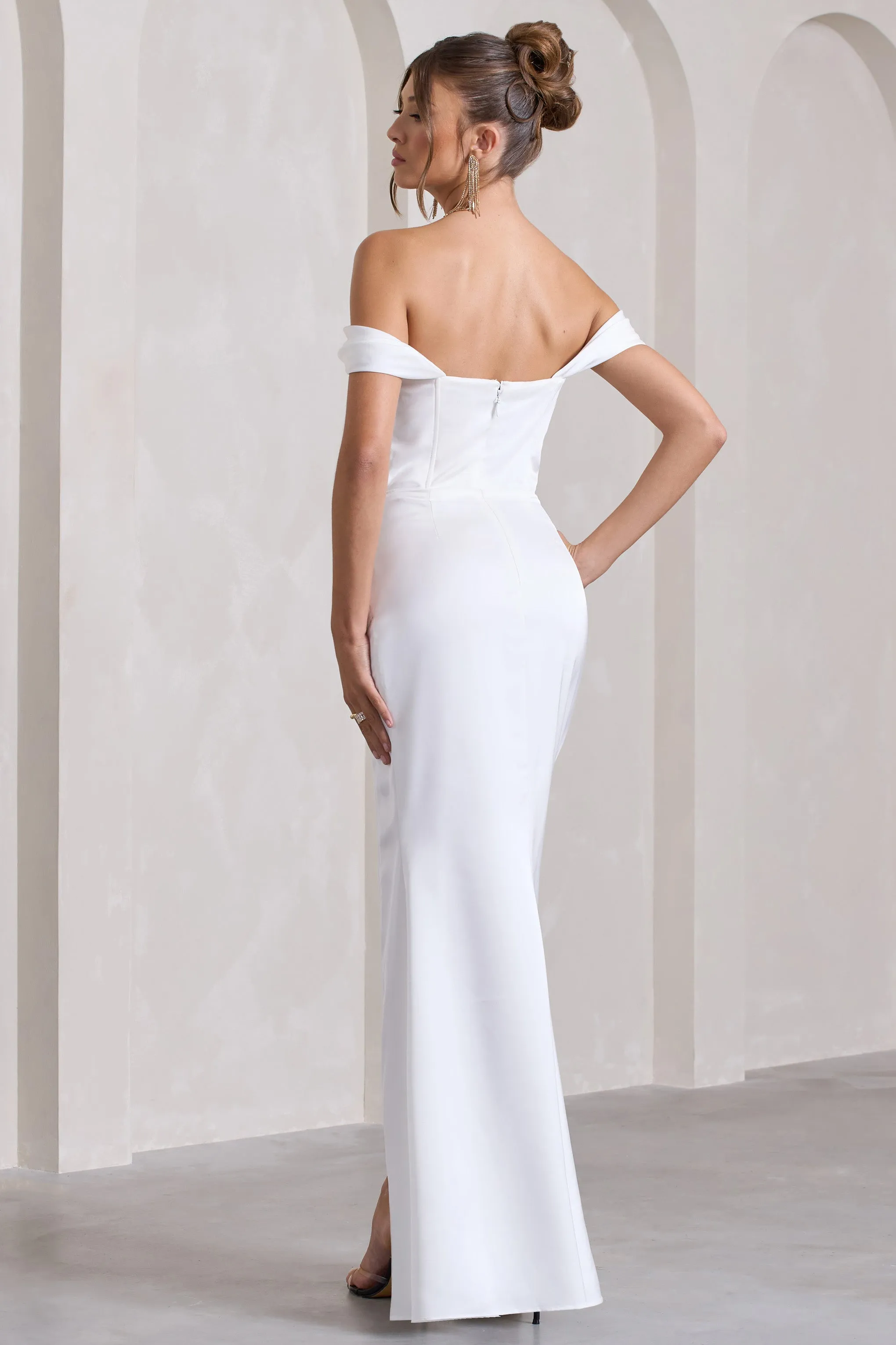 Kimberly | White Bardot Fishtail Satin Maxi Dress