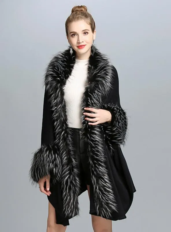 KNITTED SHAWL CARDIGAN FAUX FUR SHAWL CAPE COAT