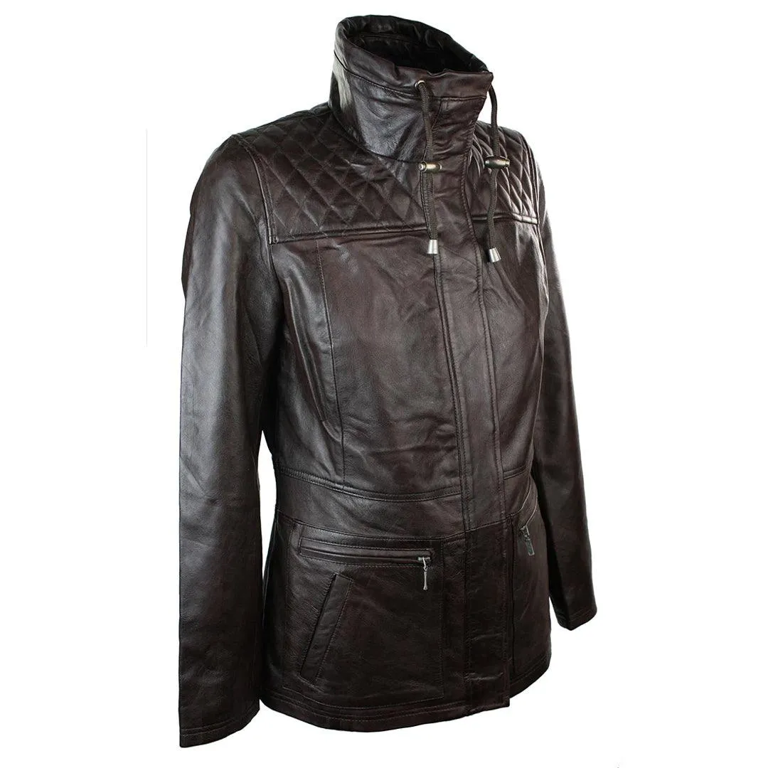 Ladies Women Real Leather Mid Length Brown Jacket Trench Coat