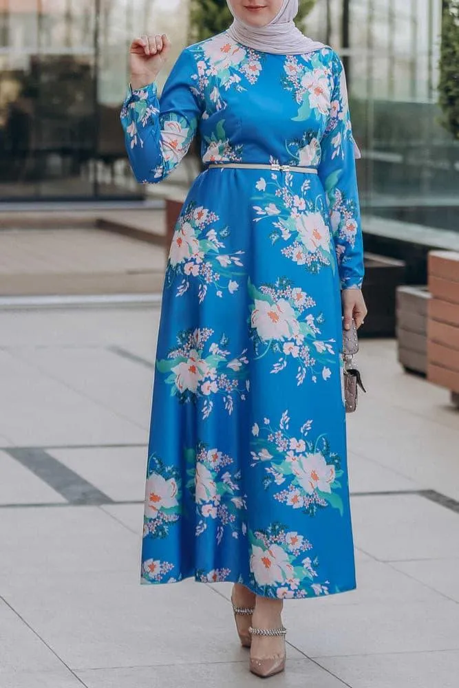 Leena satin maxi dress with long sleeve in blue