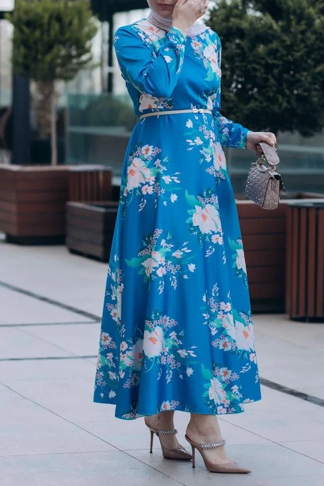 Leena satin maxi dress with long sleeve in blue