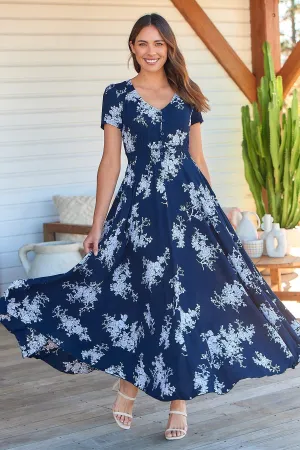 Leilani Navy/White Floral Maxi Dress