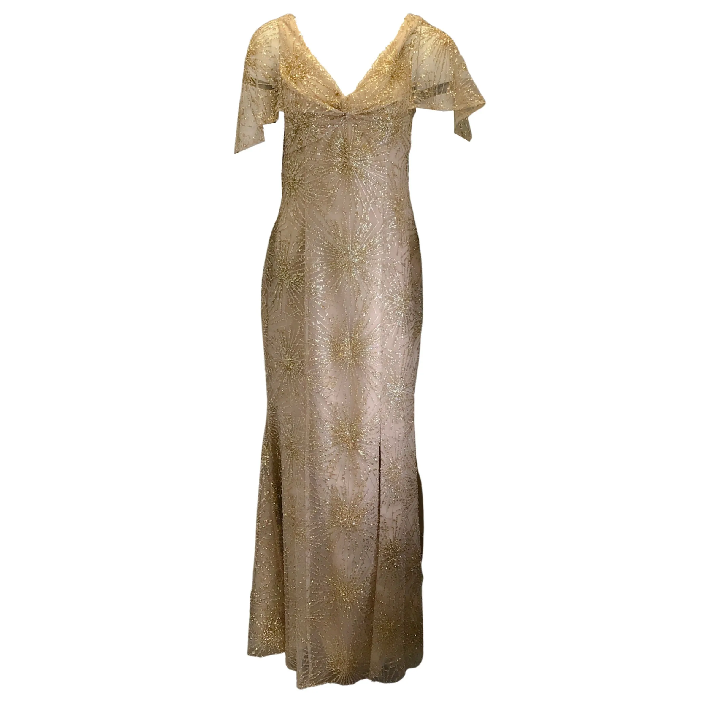 Marchesa Notte Gold Metallic / Beige Embellished Mesh Tulle Front Slit Gown / Formal Dress