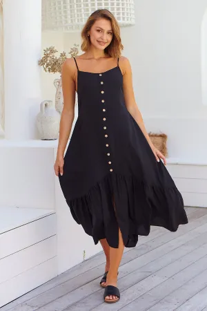 Megan Black Button Front Midi Dress