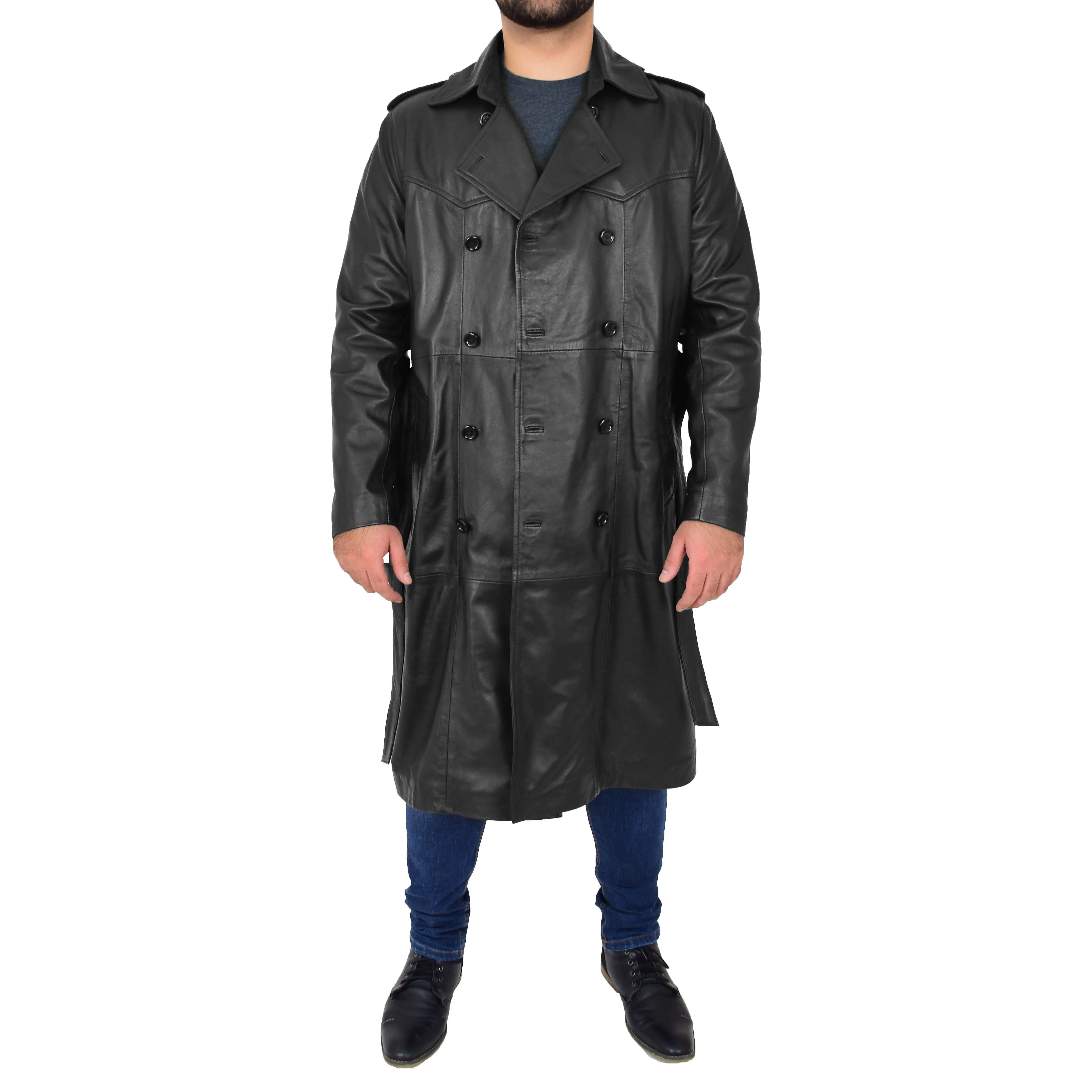 Mens Trench Leather Coat 3/4 Long Black Reefer Overcoat Sherlock