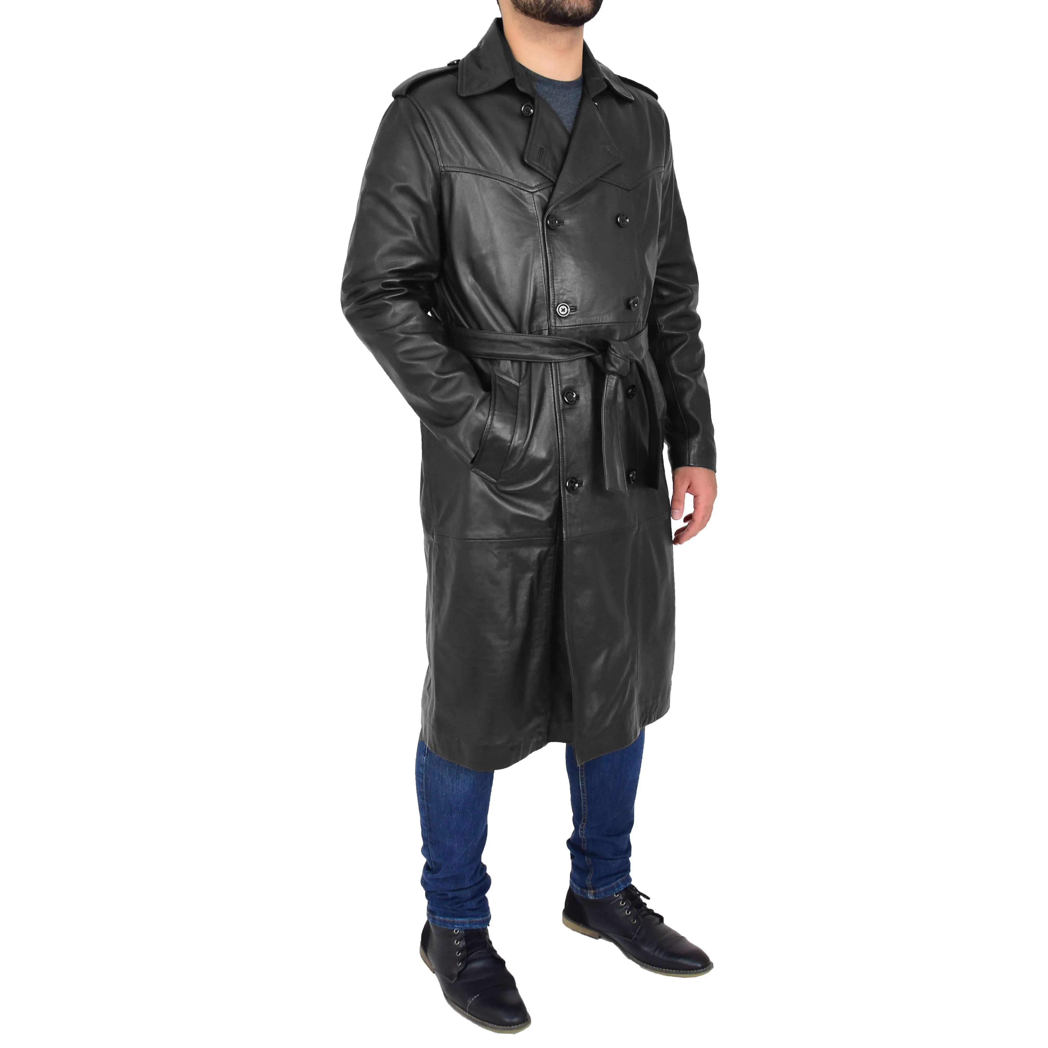 Mens Trench Leather Coat 3/4 Long Black Reefer Overcoat Sherlock