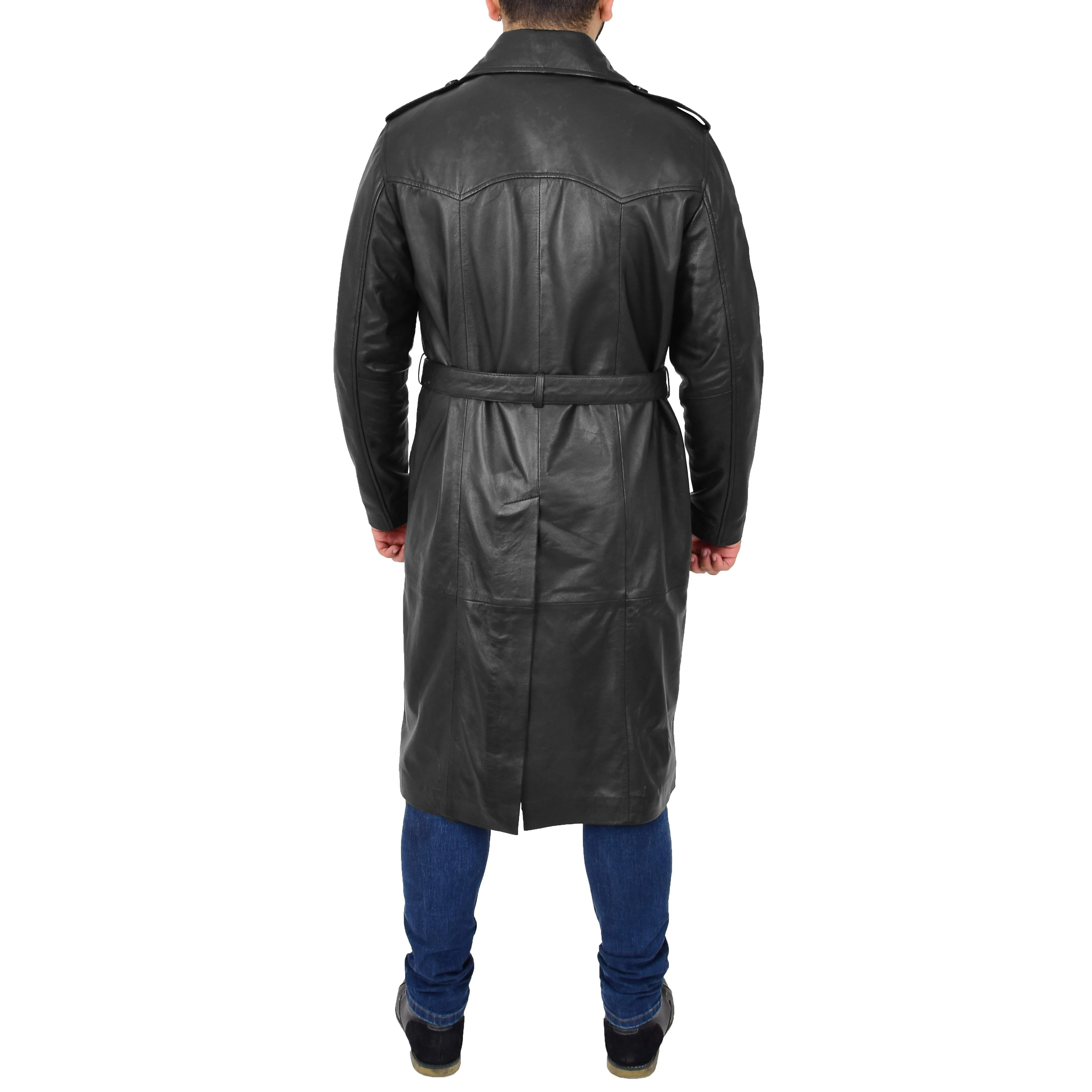 Mens Trench Leather Coat 3/4 Long Black Reefer Overcoat Sherlock