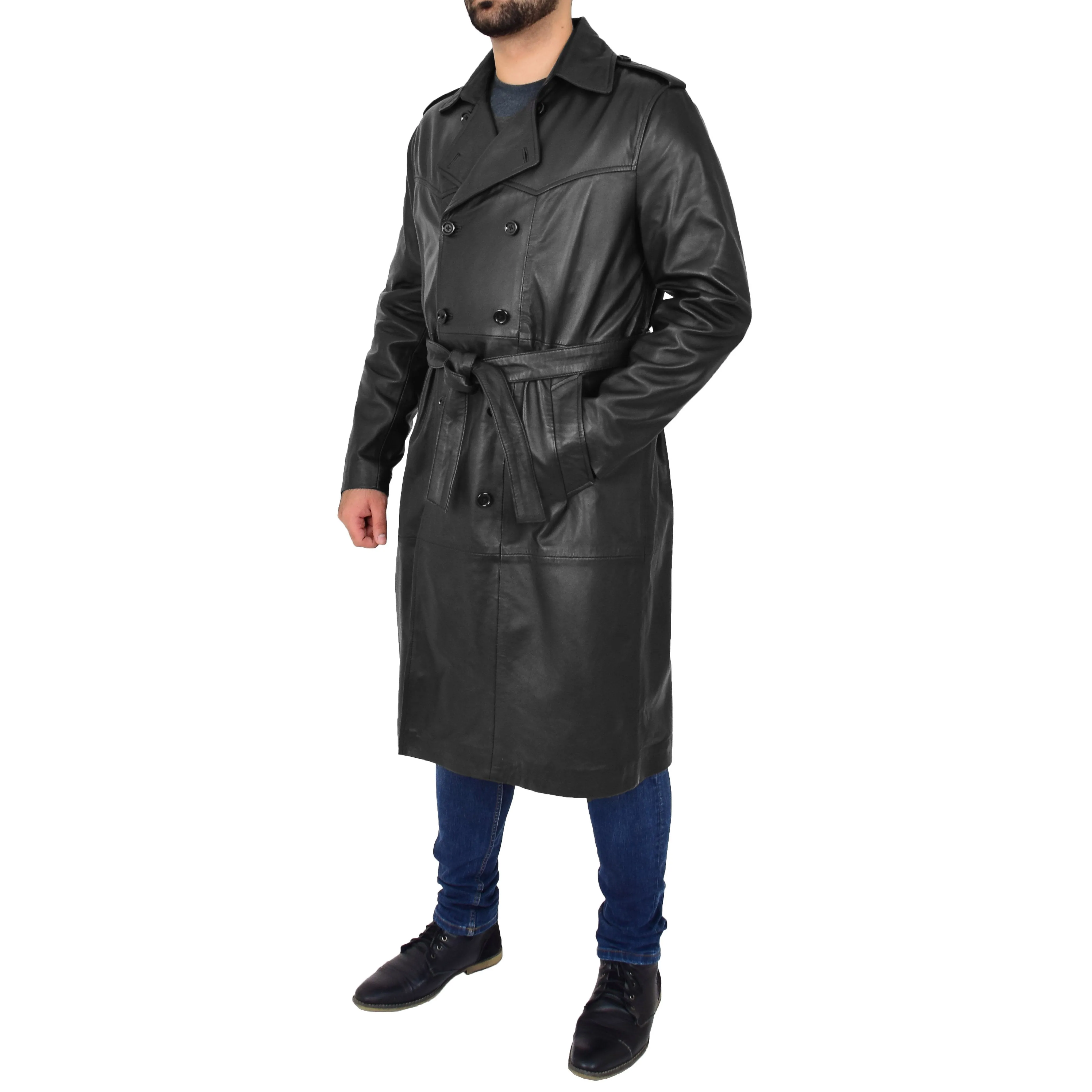 Mens Trench Leather Coat 3/4 Long Black Reefer Overcoat Sherlock