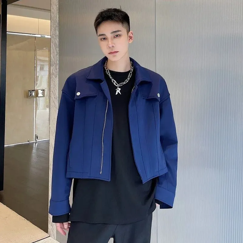 Menswear Pink Blue Jacket 2023 New Loose Lapel Zipper Long Sleeve Short Coat Autumn Winter Oversized Workwear Clothes 9D074