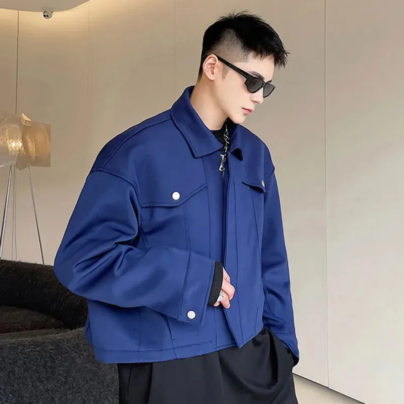 Menswear Pink Blue Jacket 2023 New Loose Lapel Zipper Long Sleeve Short Coat Autumn Winter Oversized Workwear Clothes 9D074