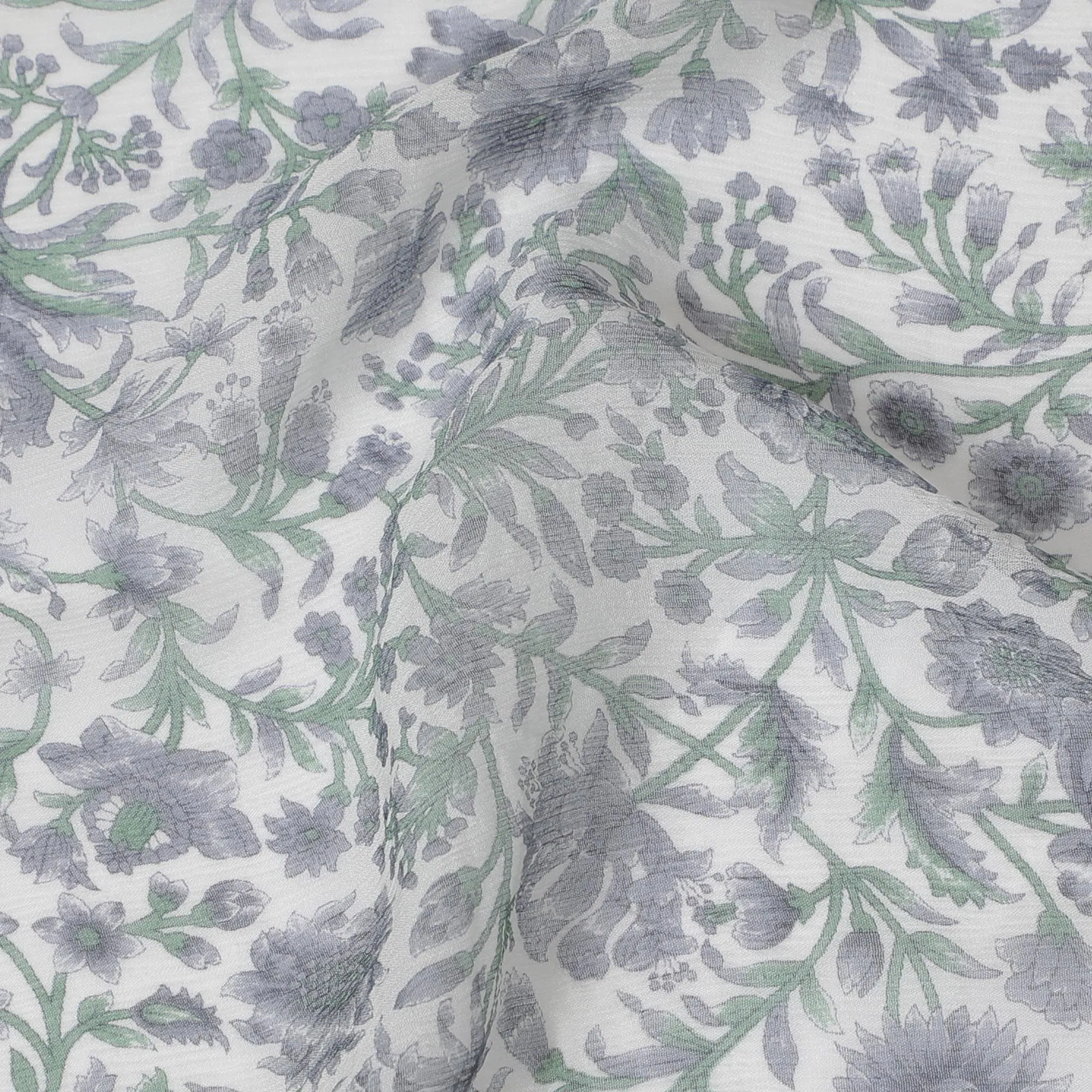 Misty Garden Pure Wrinkle Silk Chiffon Fabric - Classic Floral Elegance, 110cm Width - Buy Online by the Meter-D18055