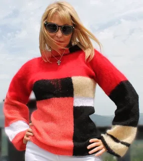 Mohair Handknitted sweater in Color Block Style