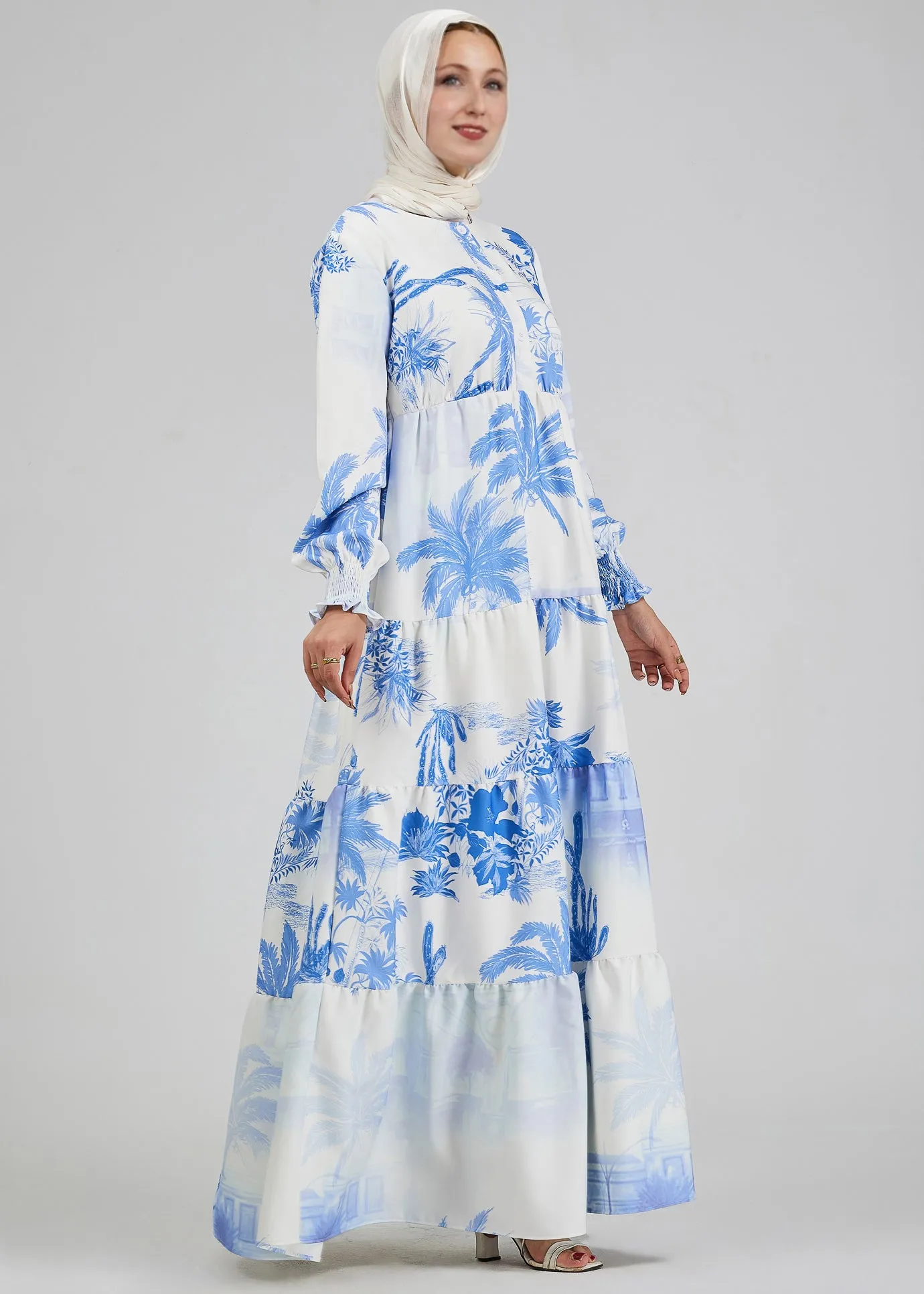 Nadia Tropicana Bliss Crepe Polyester Tiered Maxi Dress in Azure