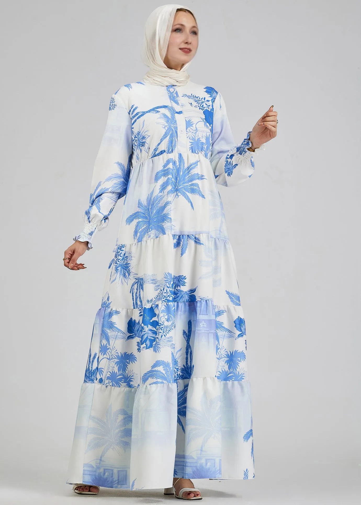 Nadia Tropicana Bliss Crepe Polyester Tiered Maxi Dress in Azure