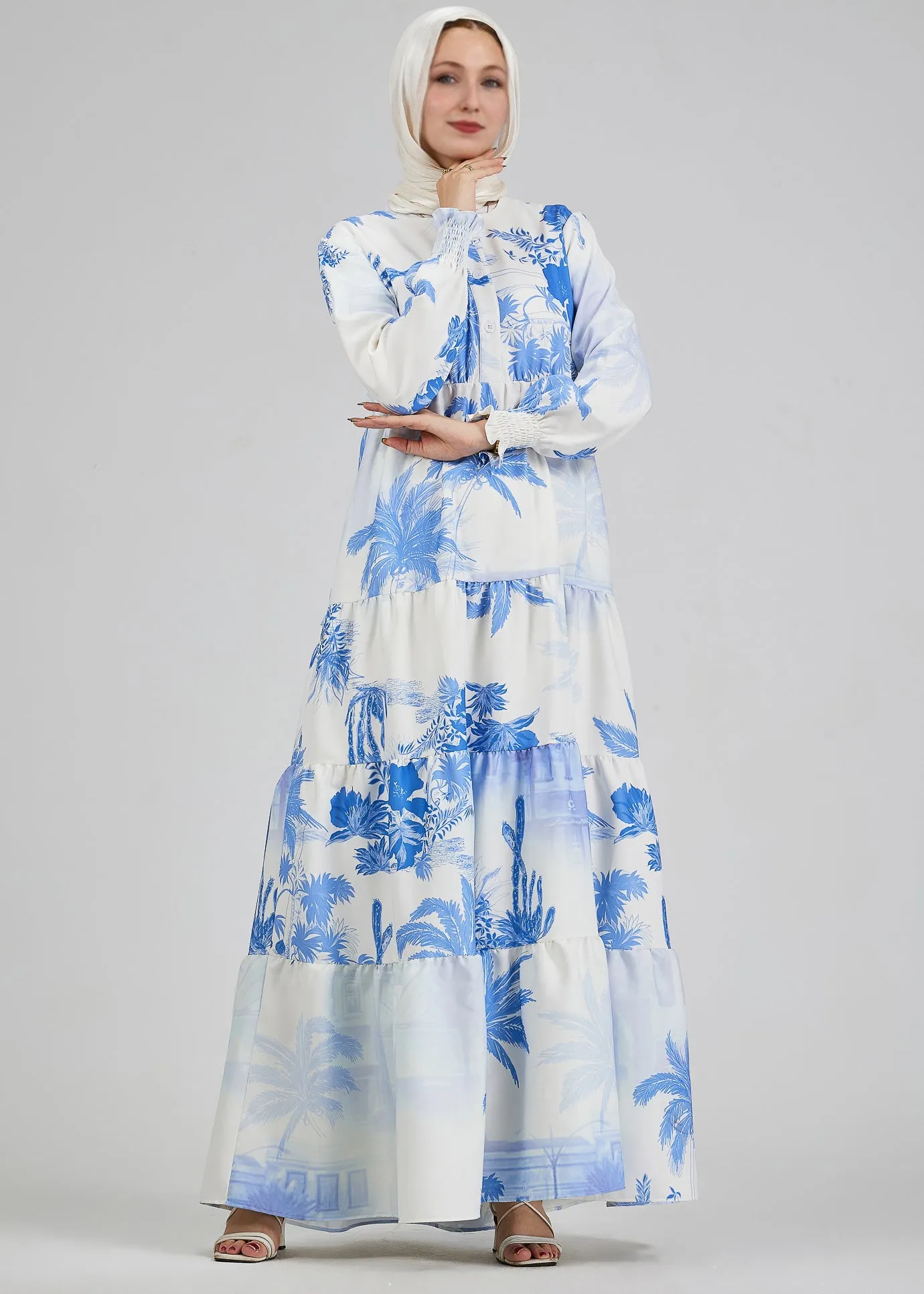 Nadia Tropicana Bliss Crepe Polyester Tiered Maxi Dress in Azure