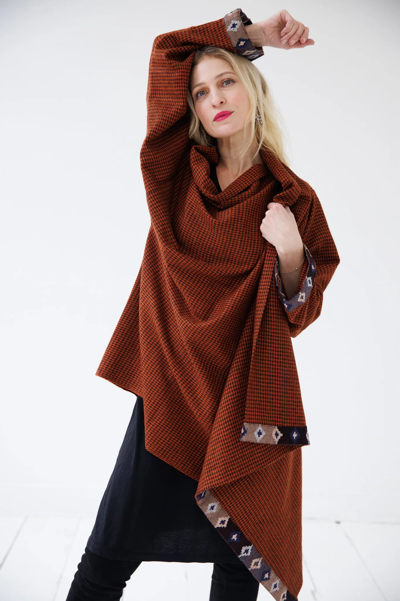 NEW! Wool Cape Coat Cocoon Rust Black