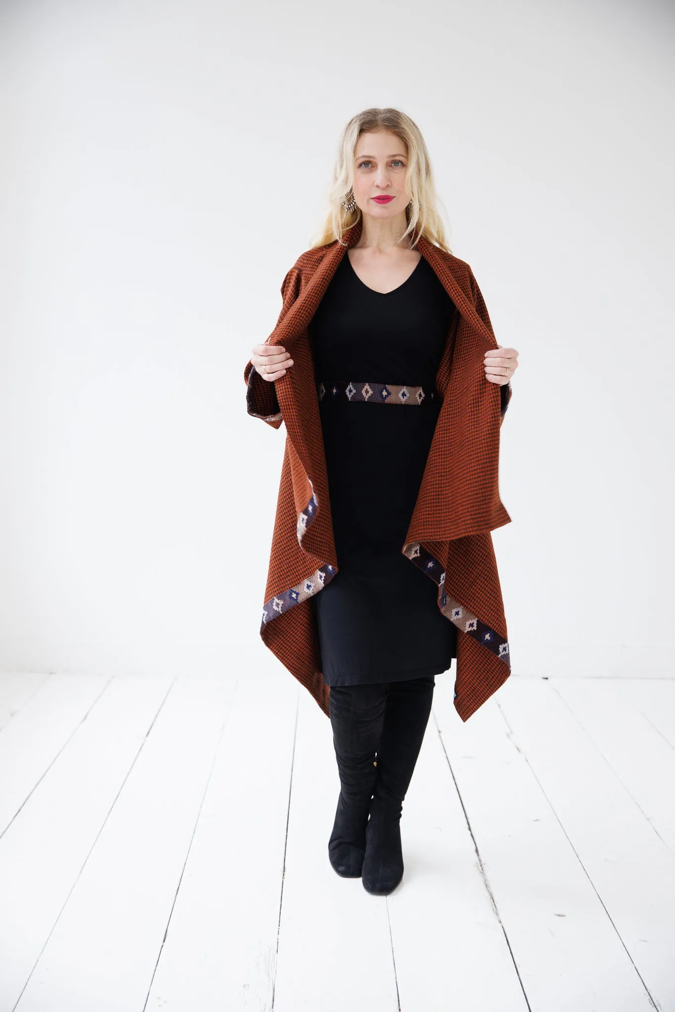 NEW! Wool Cape Coat Cocoon Rust Black