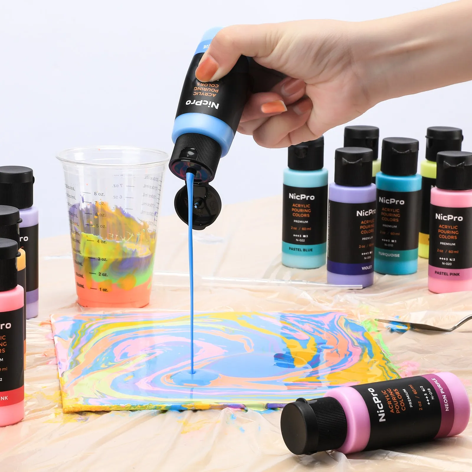 Nicpro 26 Colors Acrylic Pour Paint Kit, Premixed High Flow Paint Pouring Supplies Including Canvas, Wood Natural Slices, Pouring Oil, Tools Gloves, Strainer, Cups for Beginner DIY Painting