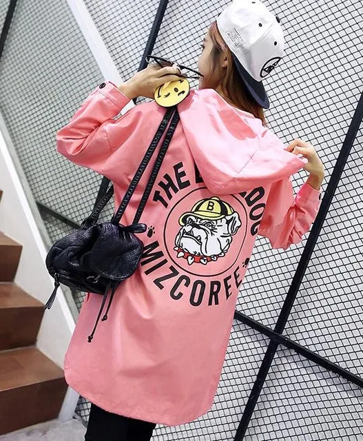 NIJIUDING New Autumn Women Casual Student Hoodies Outwear Loose Trench Coat  Dog Letter Print  Basic Trench XS-2XL