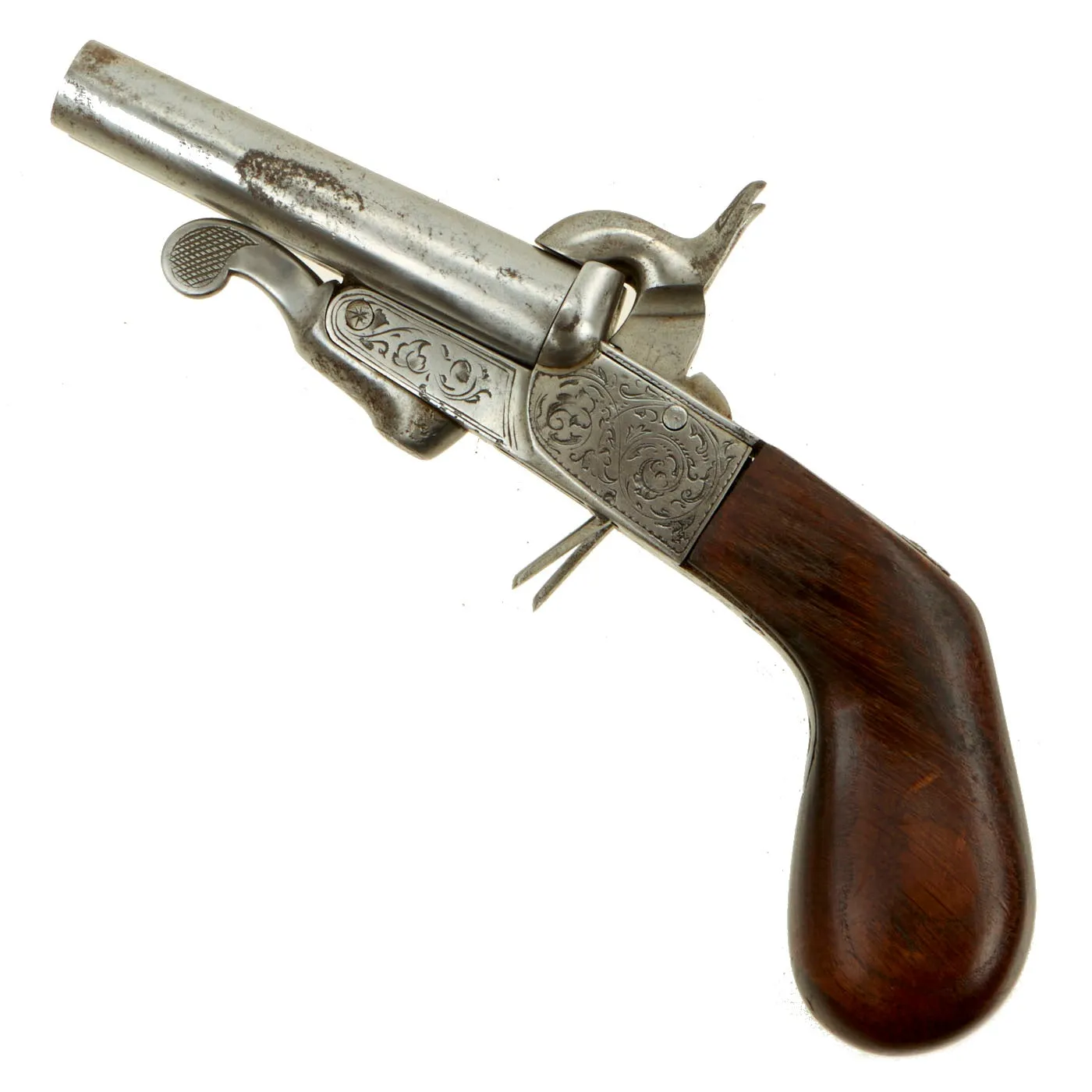 Original French Double Barrel Pinfire Pocket Pistol with Hidden Triggers by Paul Berjat - circa 1850