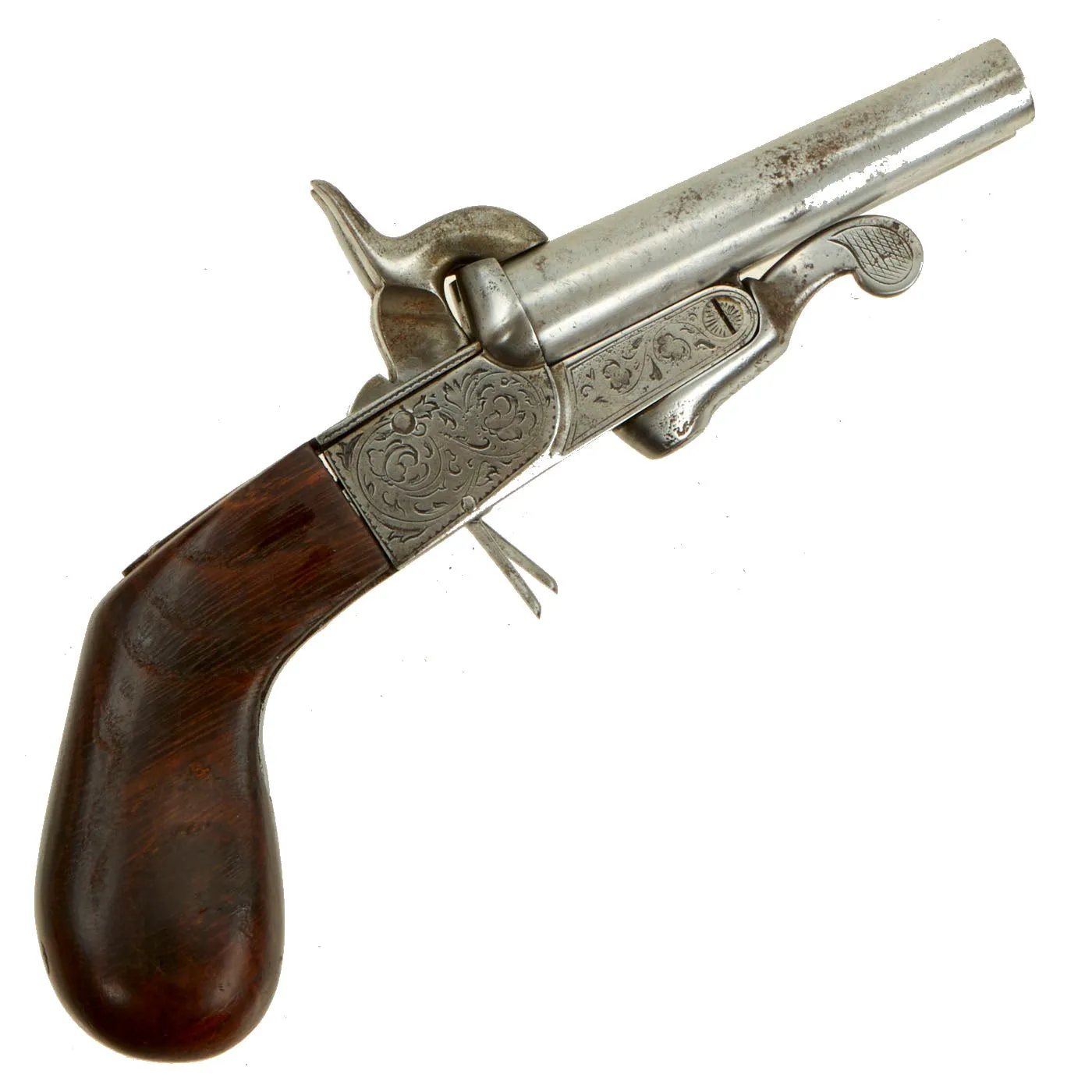 Original French Double Barrel Pinfire Pocket Pistol with Hidden Triggers by Paul Berjat - circa 1850